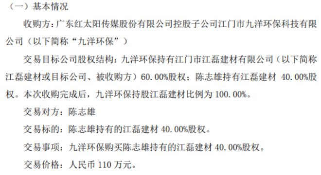 太阳传媒控股子公司九洋环保以110万购买陈志雄持有的江磊建材40%股权(图1)