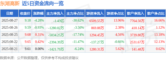 东湖高新（600133）8月27日主力资金净卖出143亿元(图1)